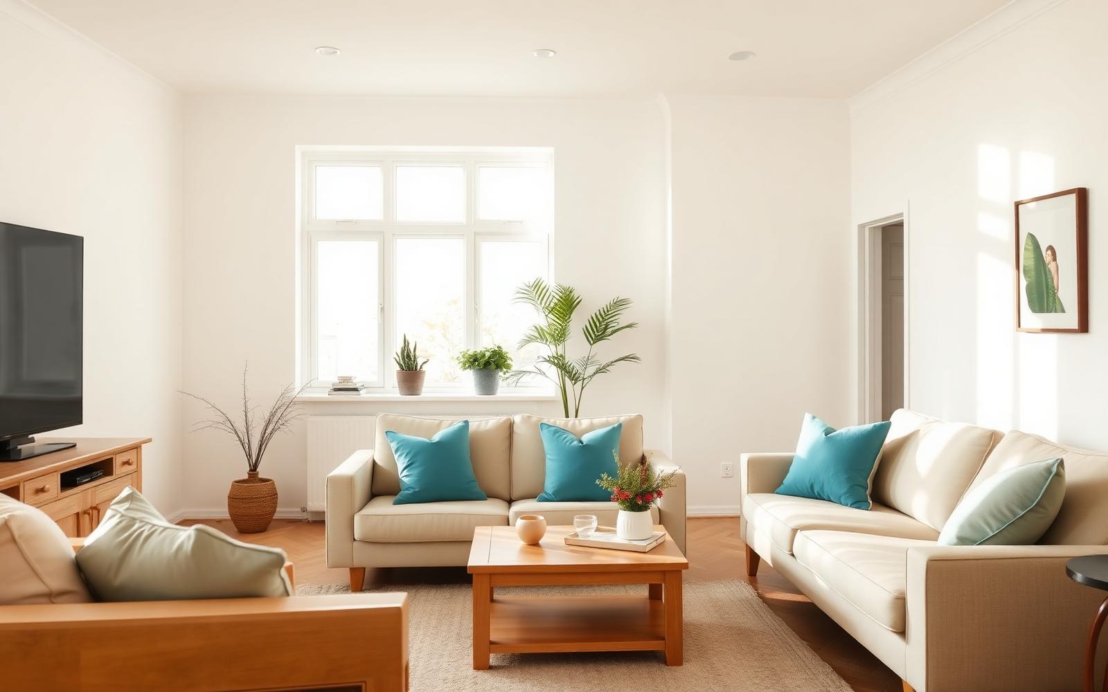 Bright, freshly cleaned living room in natural sunlight