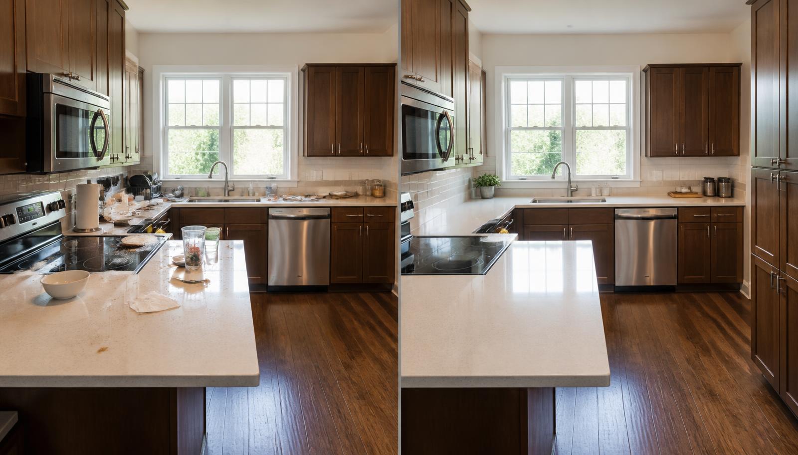 The same kitchen before cleaning on the left and after cleaning on the right